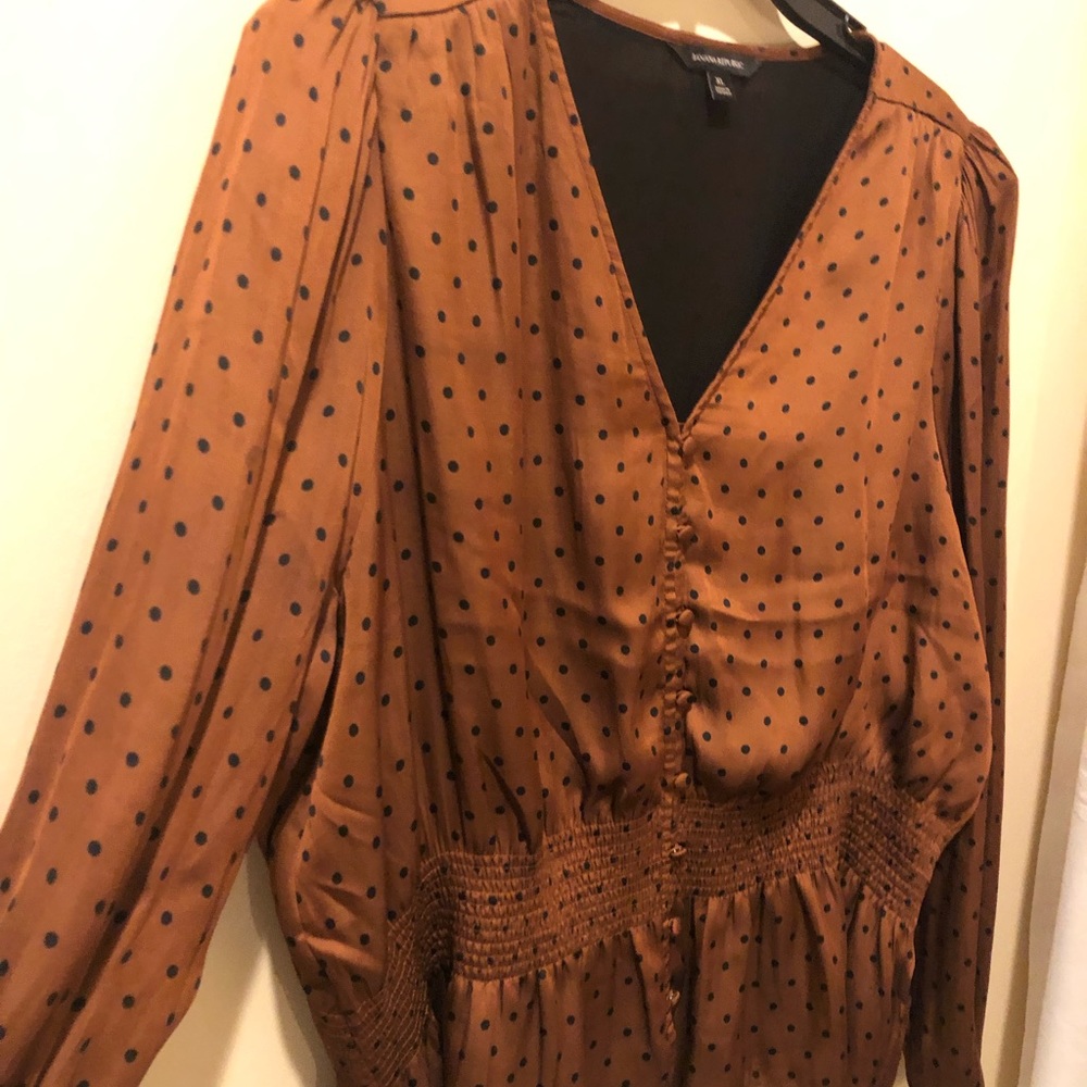 Banana Republic Silk Copper/Black Dotted Peplum and Buttoned Blouse Size XL